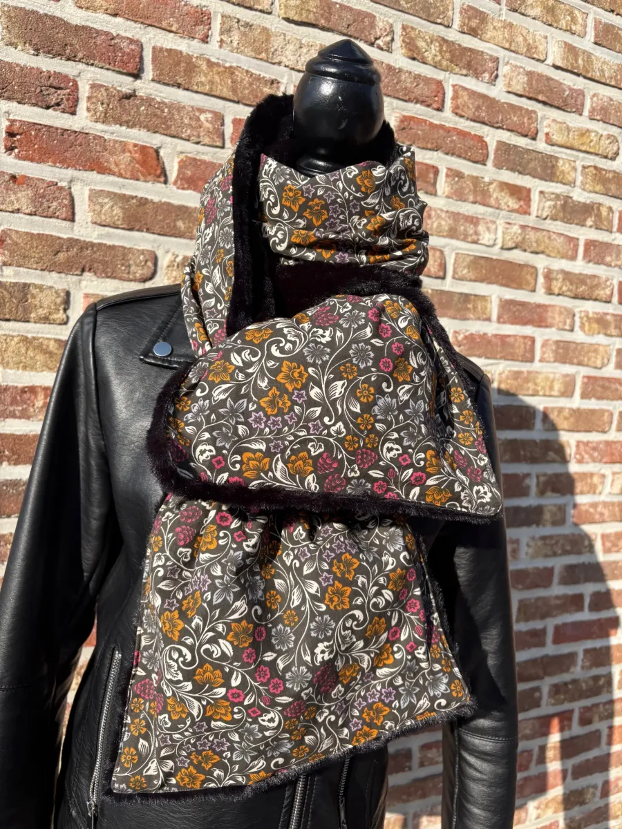 Echarpe d'hiver - Motif floral, noir | Pivoine et Coton