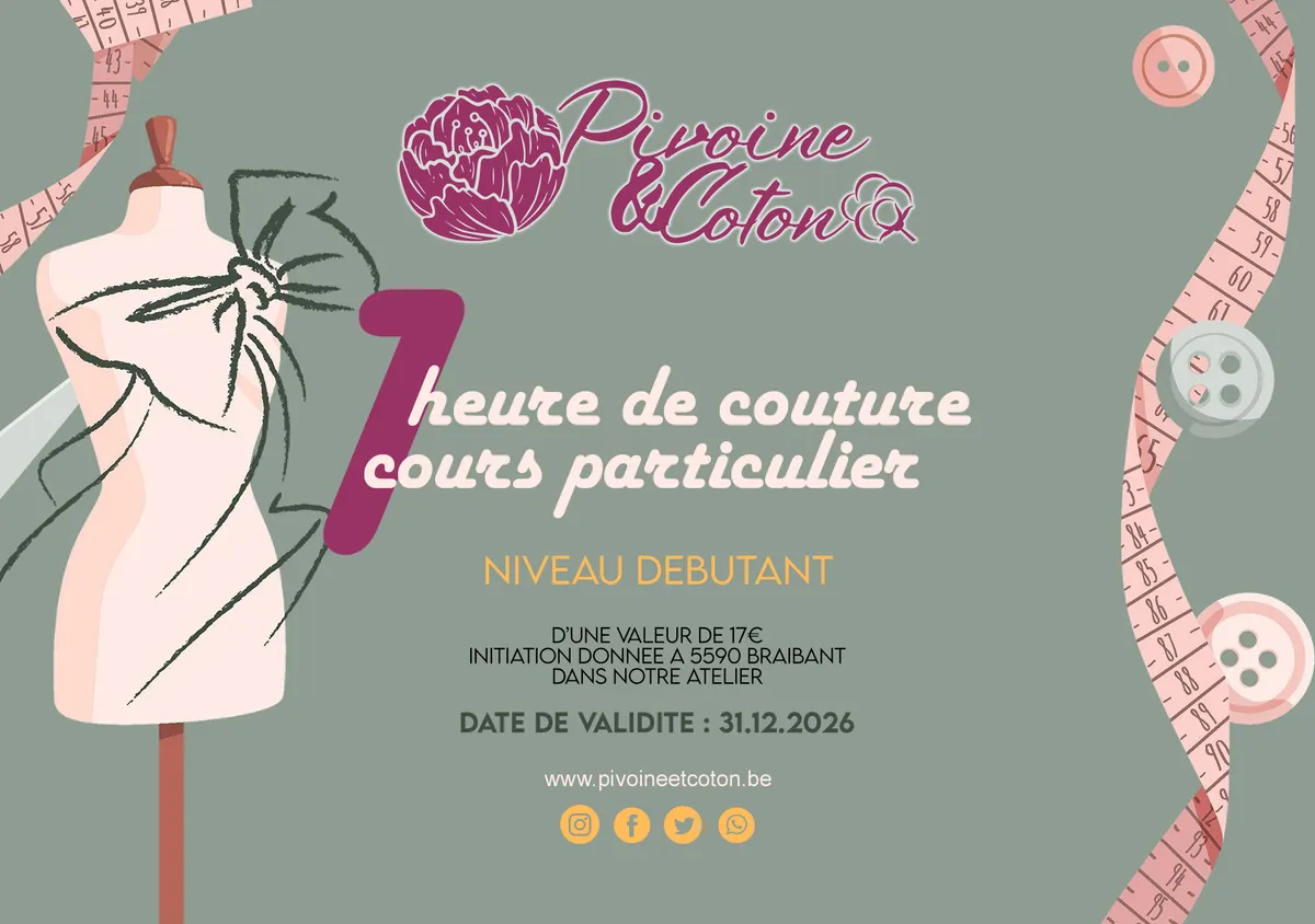 Atelier couture - Cours particulier 1H | Pivoine et Coton